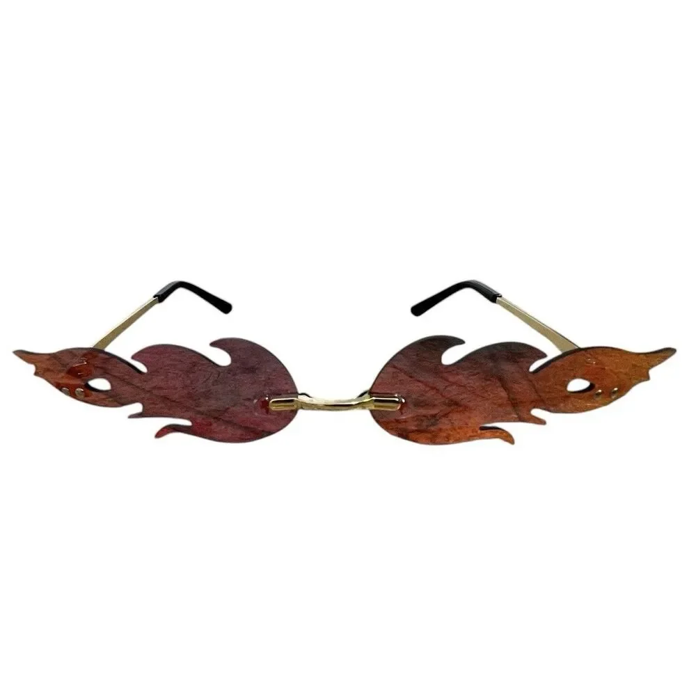 Flame Sunglasses Rimless Y2K Fire Shape Orange Red Tinted Trendy - Picture 3 of 4